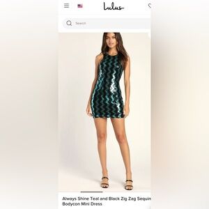 Lulu’s Always Shine Teal and Black Zig Zag Sequin Bodycon Mini Dress XS NWT